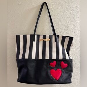 Betsey Johnson - Black and White Striped Tote Bag with Red Heart Accents